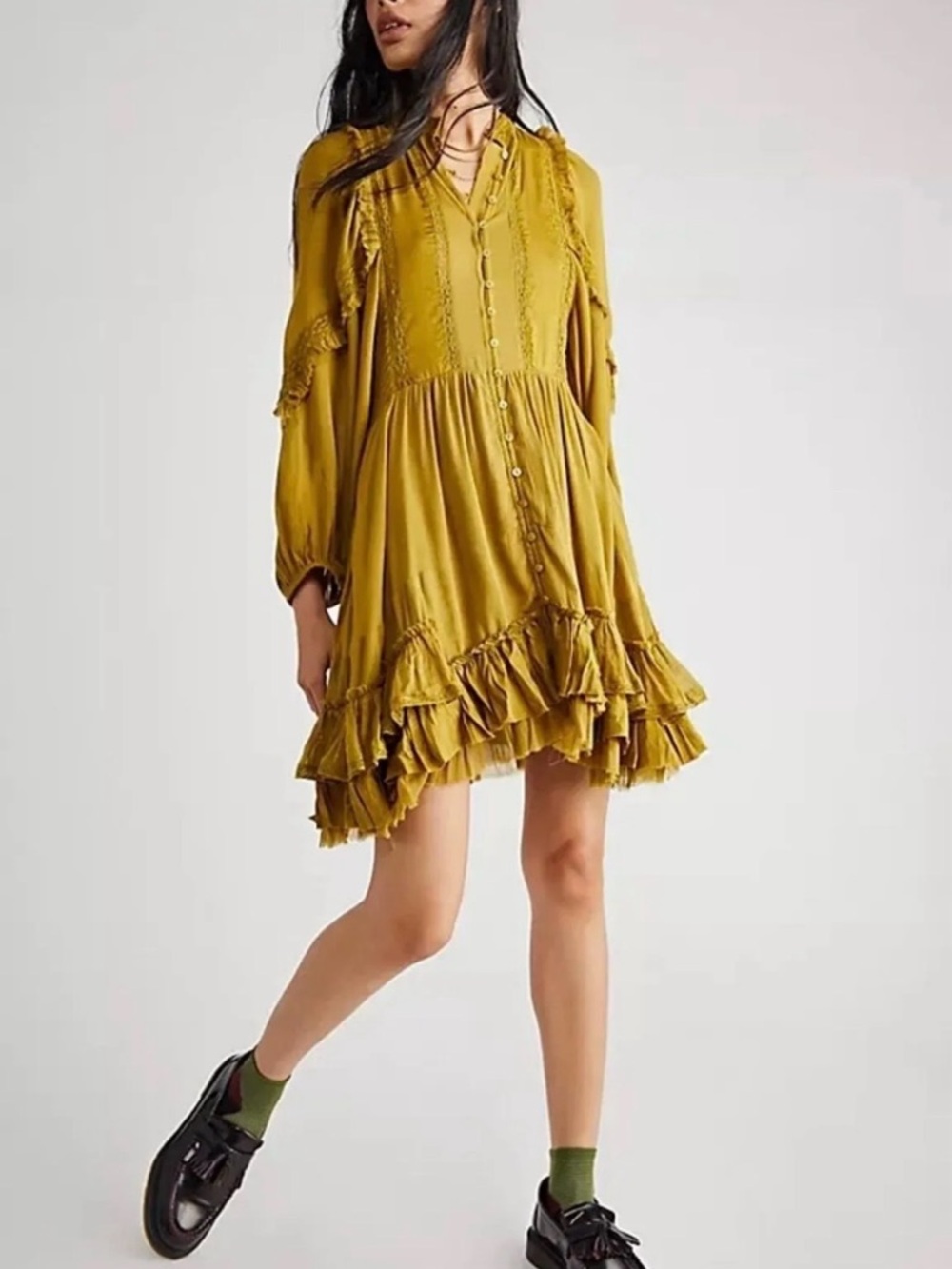 Free People Ambrosia Dress  Flowy silhouette ruffles sz S oversized